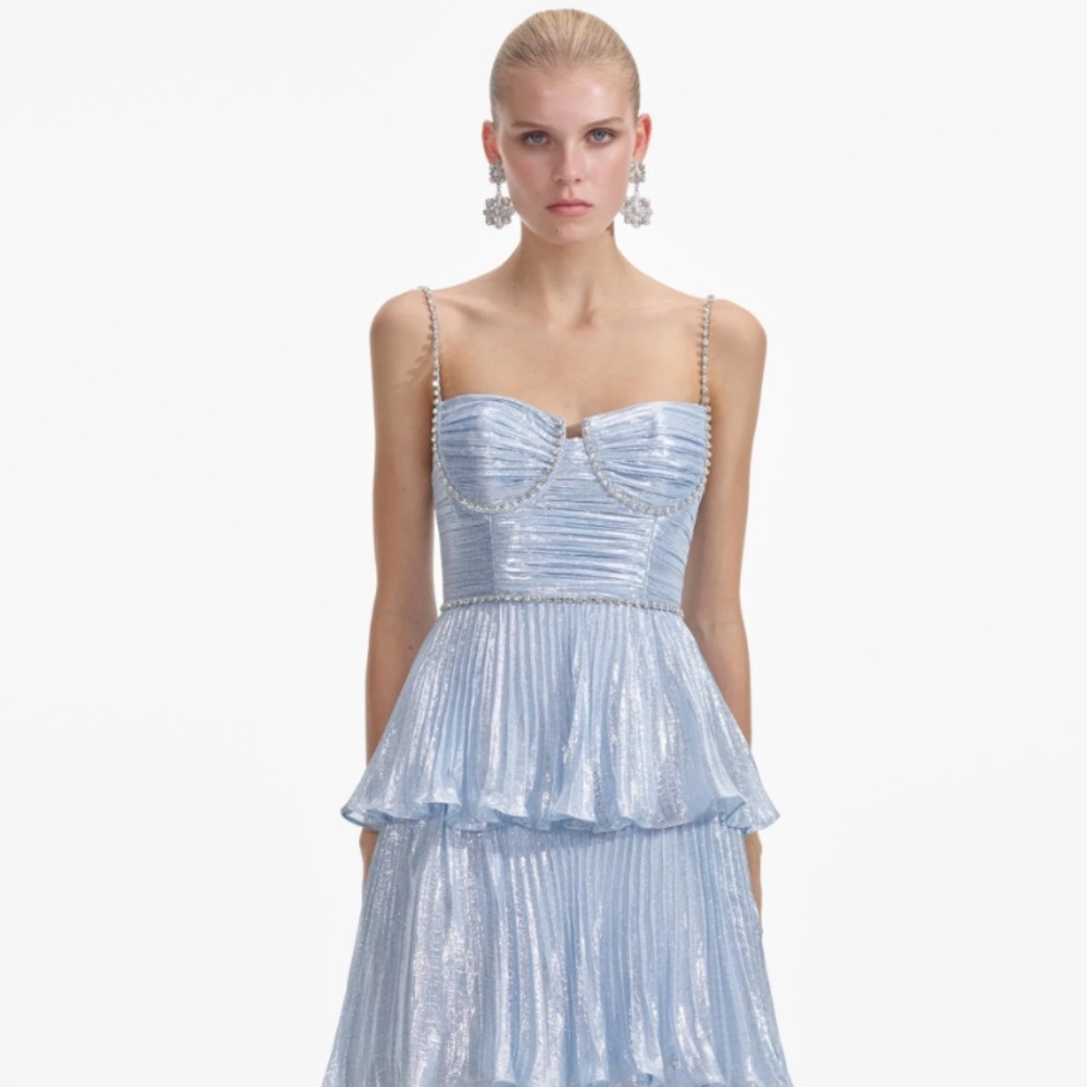 self-portrait Blue Metallic Tiered Midi Dress Size: US4 - MSRP $585 - NWT